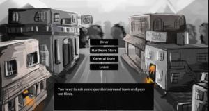 Town scene with shops and options for play demo